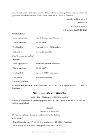 Prvá strana vyplneného vzoru: Návrh na zvýšenie výživného